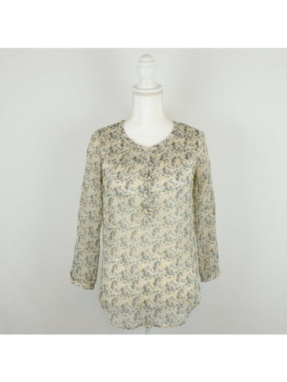 Lucky Brand Women's Small Cream Blue Floral Crepe Semi Sheer Long Sleeve Blouse